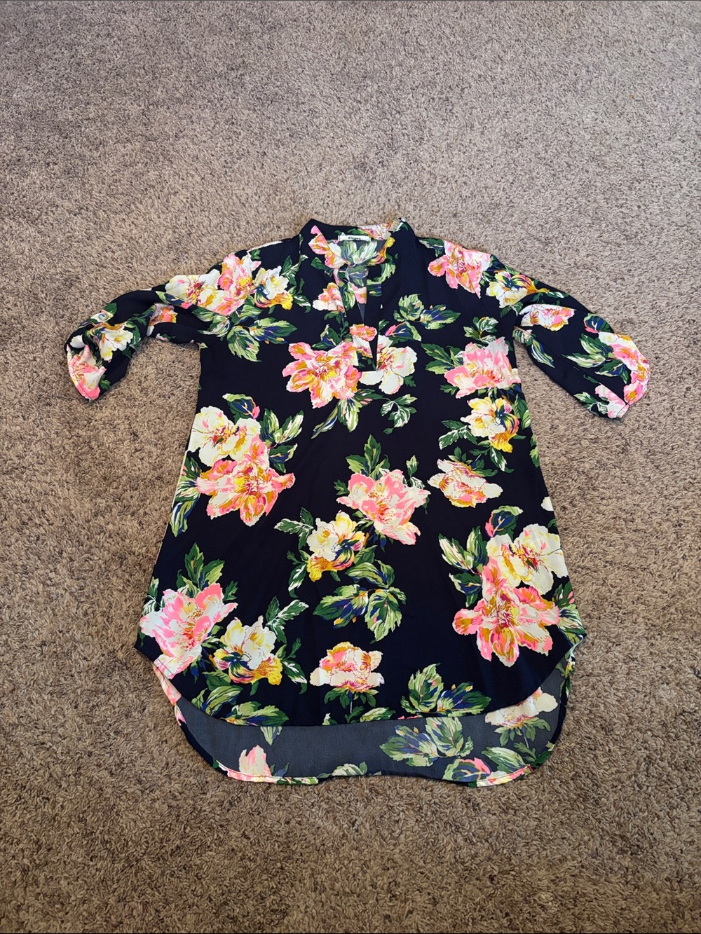 Eloges Floral Navy Tunic Top Pink & Green Bloom Print M L